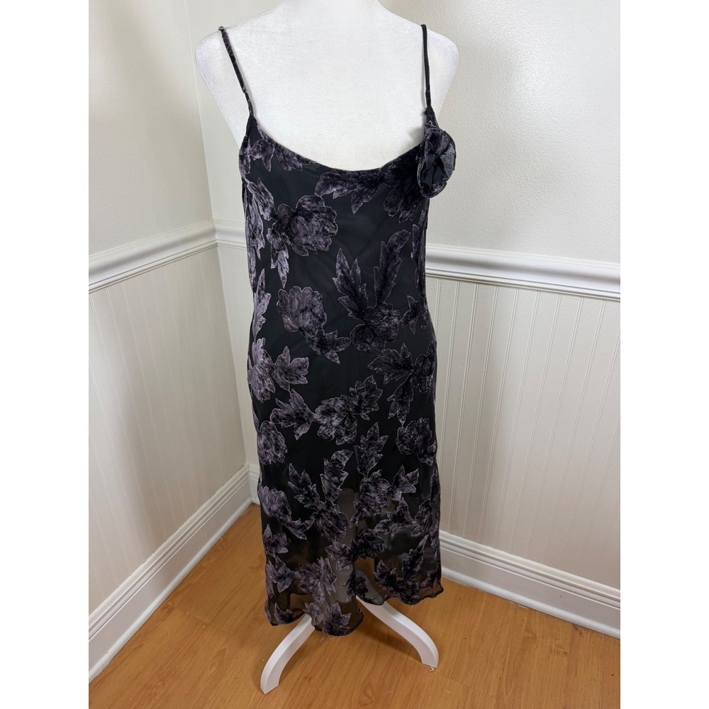 Marian & Maral Slip Dress Women Medium Purple Black Floral Burnout 3D Flower 90s